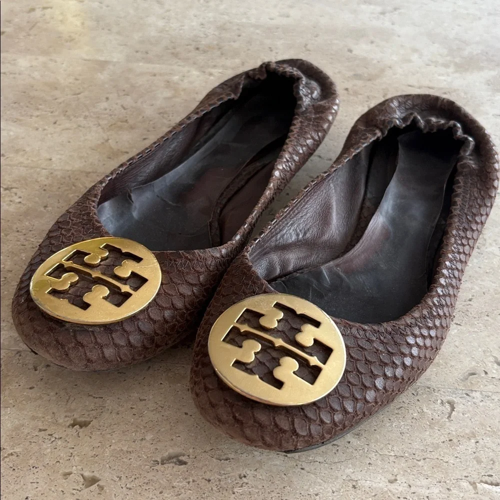 Tory Burch Textured Brown Flats with Gold Emblem